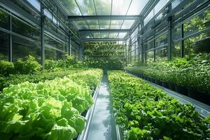 a modern hydroponic greenhouse with rows of lush green lettuce growing in nutrient rich water systems photo