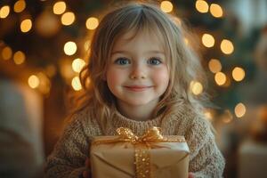 A carefree child unwrapping a Christmas gift, glowing with happiness and contentment photo