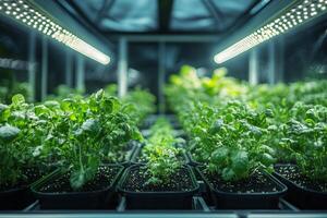 an advanced greenhouse with hydroponic systems and LED grow lights, showcasing vibrant green crops and futuristic farming technology photo