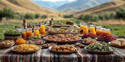 a Naadam feast table set outdoors, showcasing traditional Mongolian dishes and drinks, festive decorations in the background photo