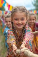 a group of children in traditional Tatar outfits, colorful festival flags and a rural landscape in the background photo