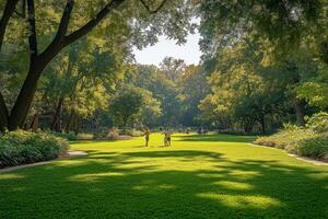 a family playing frisbee on the grass in a spacious park, surrounded by mature trees and sculpted gardens, cheerful sunny day photo