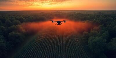a drone flying low over a field, spraying crops with fertilizer, open landscape with blank right side for copy space, bright daylight photo