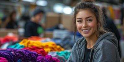 a woman managing a clothing donation drive, folding clothes with volunteers at a makeshift station, surrounded by colorful donations photo