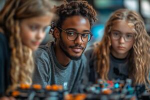 a diverse group of students collaborating with a teacher on a STEM project, robotics equipment on the table, colorful classroom photo