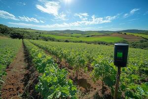 a modern farm with IoT devices attached to crops, monitoring soil moisture and temperature, expansive farmland under a clear blue sky photo