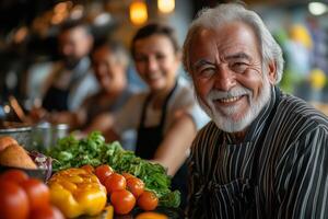 a group of elderly people participating in a cooking class, smiling and engaging as they prepare a meal photo