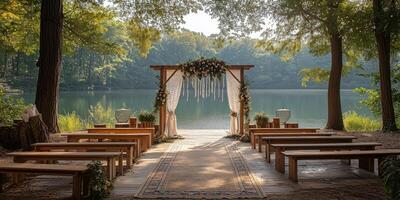 a boho style wedding setup by a serene lake, featuring a decorated arch and wooden benches, surrounded by trees, blank right side for text, bright and cheerful daylight photo