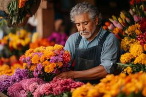 a flower vendor arranging a colorful bouquet at a market stall during Feria de las Flores, with bustling activity and vivid floral displays in the background, soft morning light photo