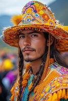 Inti Raymi costumes, focusing on the golden details, embroidery, and textures, worn by a performer with a blurred crowd in the background photo