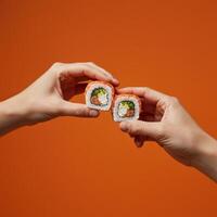 Artistic sushi display against vibrant orange backdrop showcasing culinary delight photo