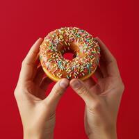 Delicious donut treat held delicately against a bold red backdrop for snacking enjoyment photo