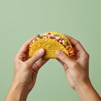 Delightful handheld taco presented against a refreshing pastel green backdrop photo