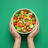 Vibrant mixed salad presentation featuring fresh ingredients against green backdrop photo