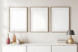 Elegant interior rendering featuring a minimalist console with blank picture frames photo