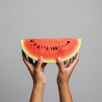 Elevated watermelon slice held by hands against a solid neutral background photo