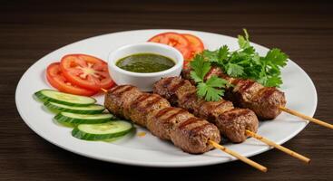 Grilled kebab skewers with fresh cucumbers, tomatoes and vibrant green dipping sauce photo