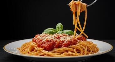 Classic Spaghetti with Tomato Sauce, Parmesan, and Basil on a Black Backdrop photo