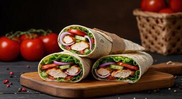 Delicious chicken wraps with fresh vegetables served on wooden board setting photo