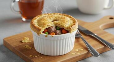 Individual savory pie with steaming vegetables on a wooden serving board photo