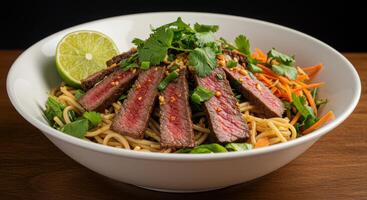 Exquisite beef noodle salad with fresh cilantro and lime in a white bowl photo