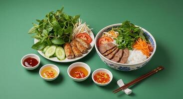 Exquisite Vietnamese Bun Cha presentation showcasing fresh ingredients and culinary art photo
