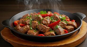 Sizzling beef cubes stir-fry with vibrant bell peppers and fresh parsley garnish photo