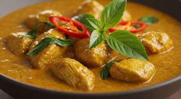 Fragrant delight a vibrant close-up of a tantalizing chicken curry dish photo