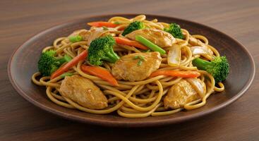Delicious Chicken Stir-Fry Noodles with Broccoli and Carrots on Rustic Plate photo