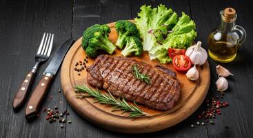 Exquisite grilled steak presentation on rustic wooden platter with fresh vegetables photo