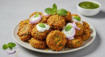 Delectable lentil fritters a culinary delight adorned with toppings photo