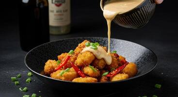 Golden fried appetizer bites drizzled with creamy sauce and chili peppers photo
