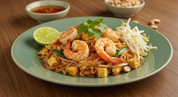 Enticing plate of Shrimp Pad Thai adorned with vibrant lime and sprouts ready to eat photo