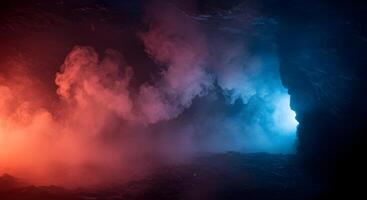 Mysterious cavern illuminated by contrasting red and blue diffused light sources photo