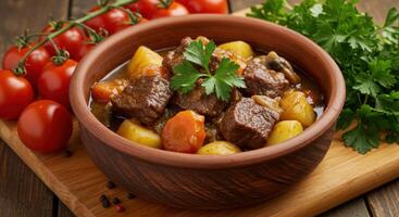 Rustic beef stew simmered with root vegetables, adorned with fresh parsley photo