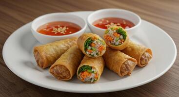 Delicious golden spring rolls with vegetables and dipping sauce on a platter photo