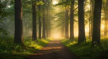 Sunlit path through verdant forest, beckoning exploration and natural splendor photo