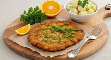 Golden perfection Authentic schnitzel presentation with citrus zest and garnish photo