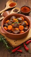 Savory Beef Stew with Carrots Recipe in Rustic Earthenware Bowl photo
