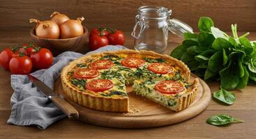 Rustic spinach and tomato quiche, a comforting slice of culinary delight photo
