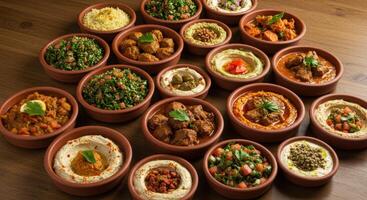 Diverse assortment of mediterranean and middle eastern mezze dishes in bowls photo
