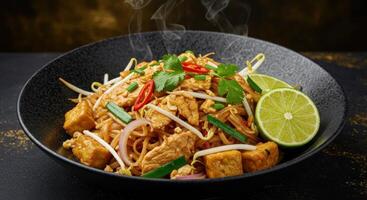Delicious steamy pad thai with tofu, limes, and spices in dark bowl photo