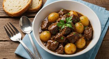 Hearty beef stew with potatoes and fresh herbs, perfect for a comforting meal photo