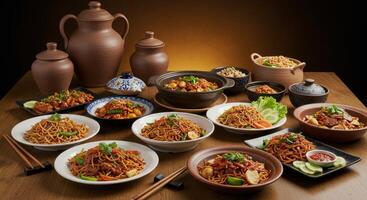 Exotic noodle dishes and traditional pottery create a warm and inviting scene photo