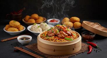 Aromatic Chinese Cuisine Platter Steaming Noodles, Dim Sum, and Crispy Delights photo