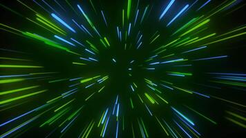 Neon lines zoom looping background green and blue light burst with glowing rays and star pattern on 4K . video