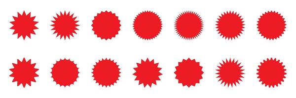 Set of red starburst, sunburst badges. Simple vintage labels, stickers. vector
