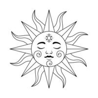 Line art of magic sun with face isolated on white background. Celestial illustration for astrological blogs, prints, label, tags. vector
