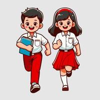 Indonesian elementary school children in red and white uniforms running vector