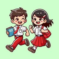 Indonesian elementary school children in red and white uniforms running together vector